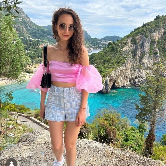 Zara pink satin strapless top with organza balloon sleeves - Picture 8 of 8